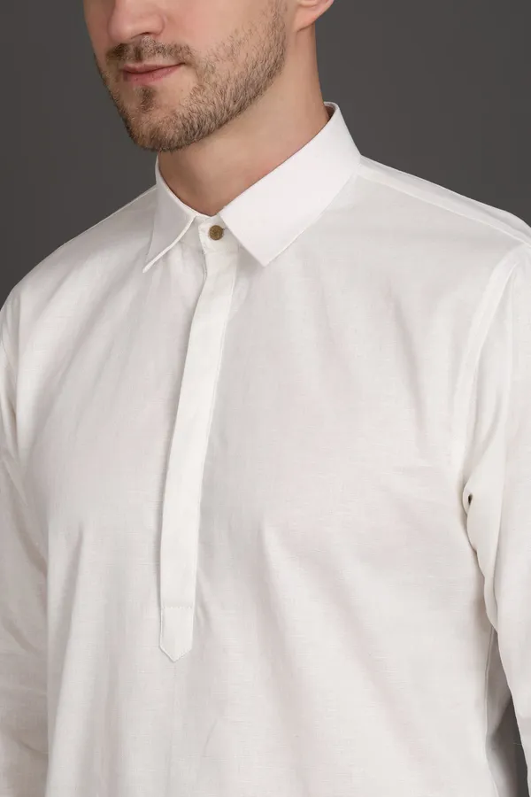 White_Cotton_Blend_Ivory_Edge_Side_Button_Kurta_For_Men