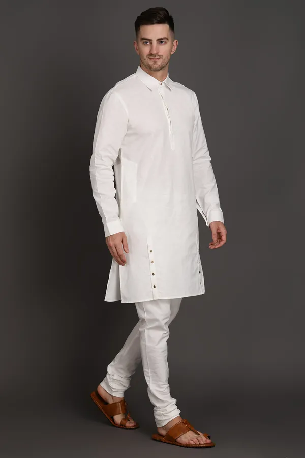 White_Cotton_Blend_Ivory_Edge_Side_Button_Kurta_For_Men