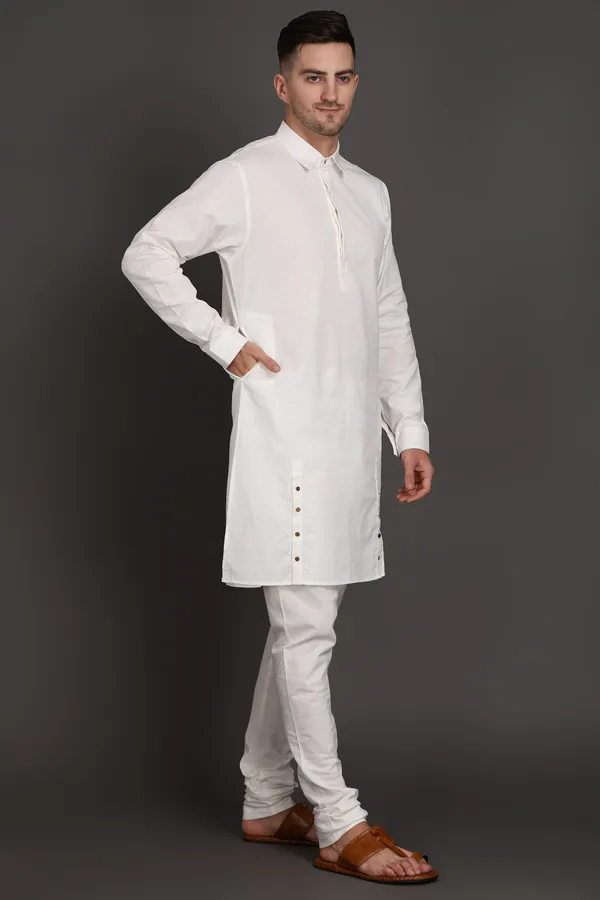 White_Cotton_Blend_Ivory_Edge_Side_Button_Kurta_For_Men
