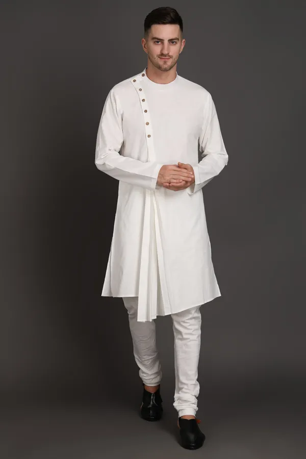 White_Cotton_Diagonal_Crest_Pleated_Kurta_For_Men