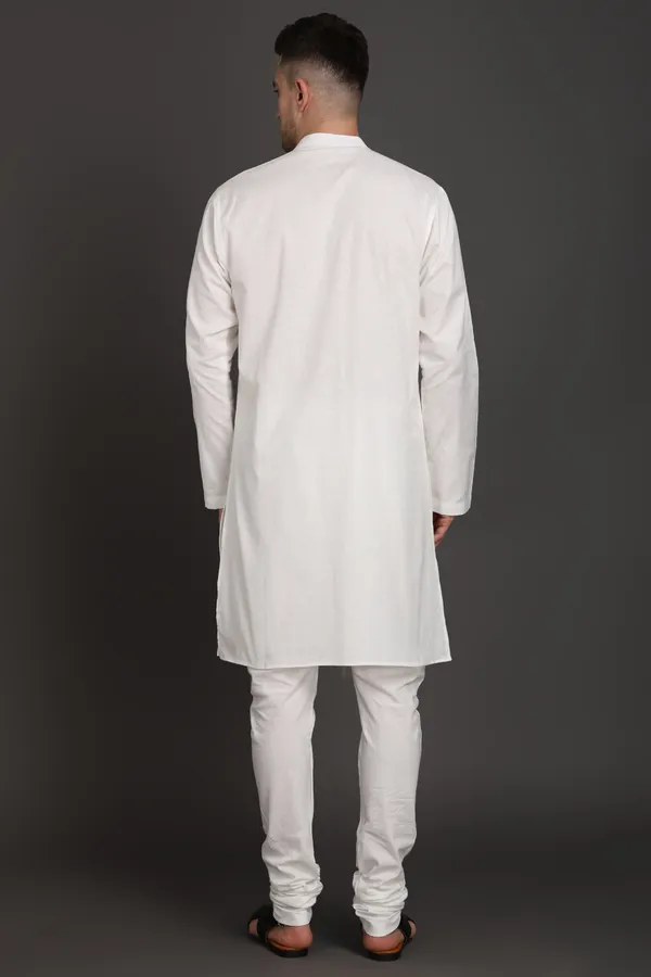 White_Cotton_Diagonal_Crest_Pleated_Kurta_For_Men