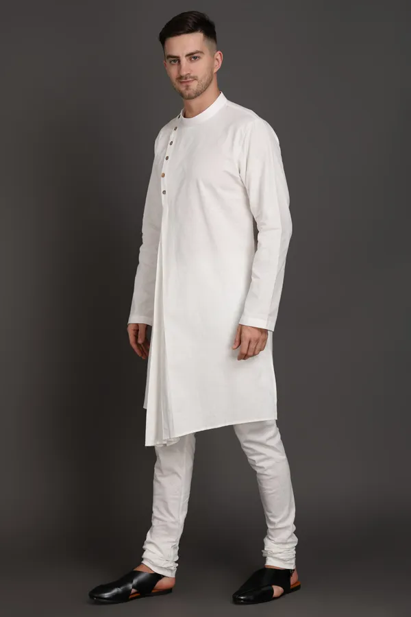 White_Cotton_Diagonal_Crest_Pleated_Kurta_For_Men