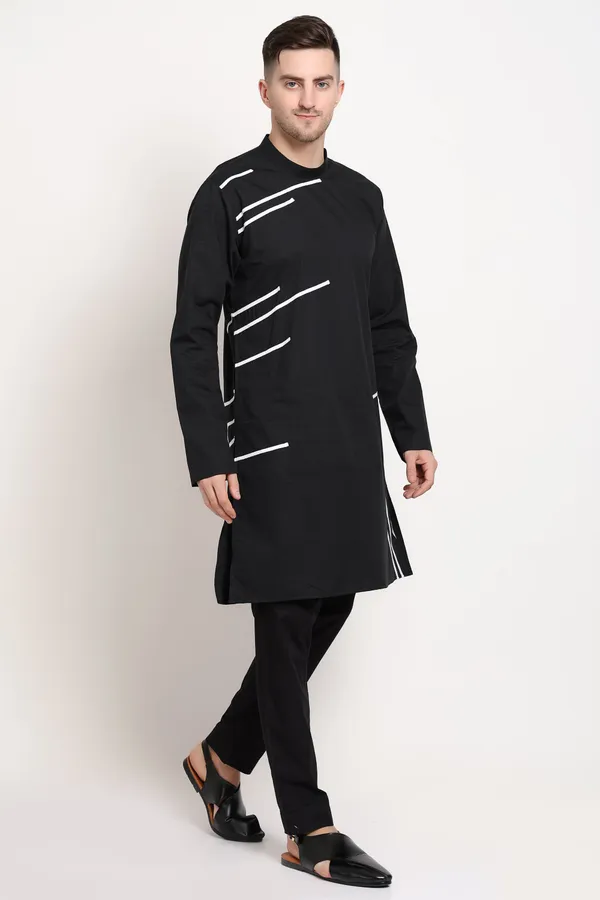 Black_Cotton_Kurta_With_Diagonal_White_Stripes_For_Men