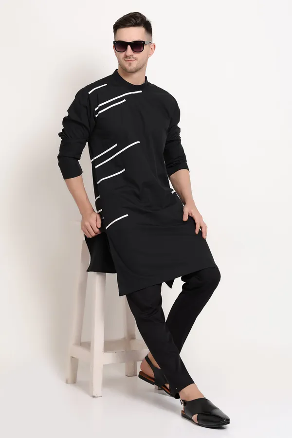 Black_Cotton_Kurta_With_Diagonal_White_Stripes_For_Men