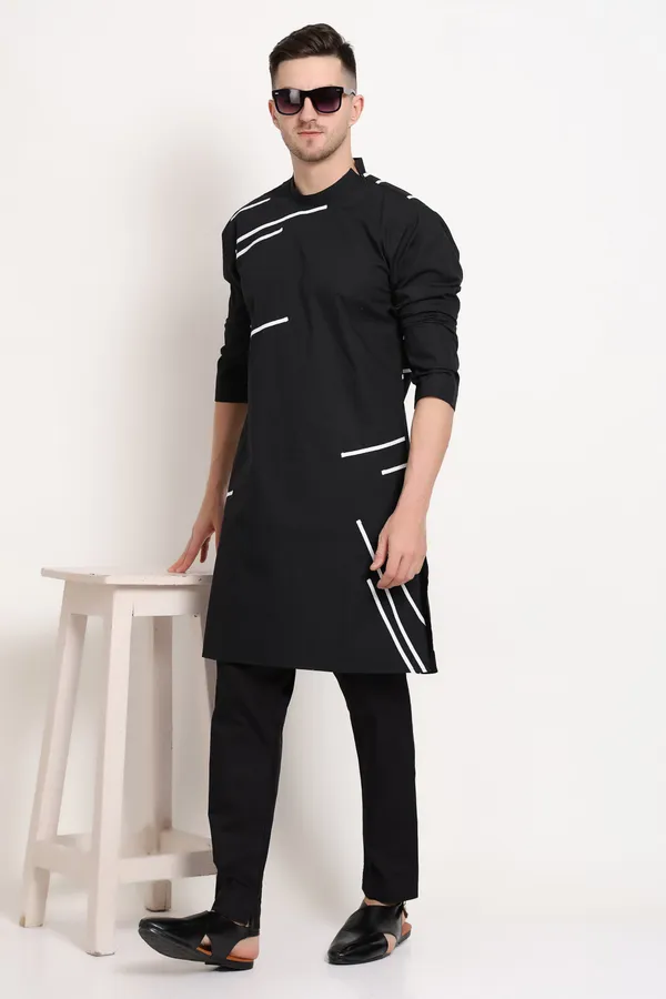 Black_Cotton_Kurta_With_Diagonal_White_Stripes_For_Men