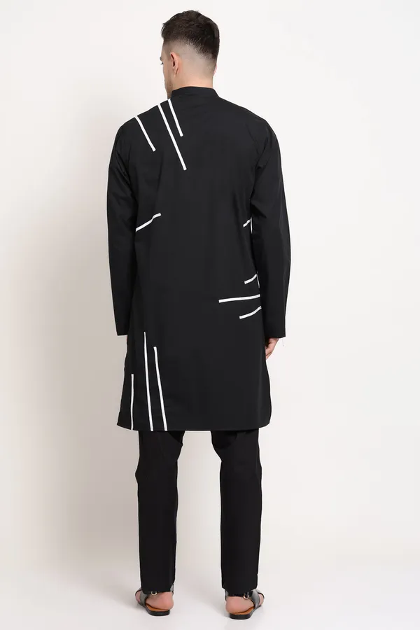 Black_Cotton_Kurta_With_Diagonal_White_Stripes_For_Men