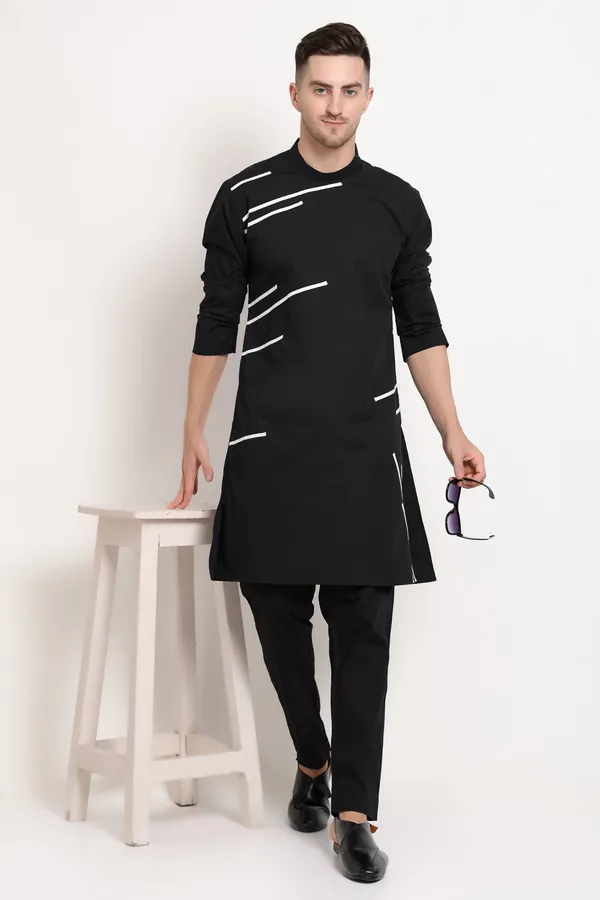 Black_Cotton_Kurta_With_Diagonal_White_Stripes_For_Men