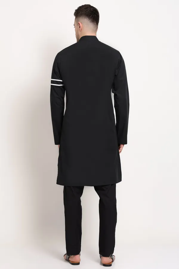 Black_Cotton_Kurta_With_Asymmetrical_Placket_Striped_Detailing_For_Men