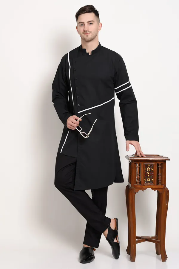Black_Cotton_Kurta_With_Asymmetrical_Placket_Striped_Detailing_For_Men
