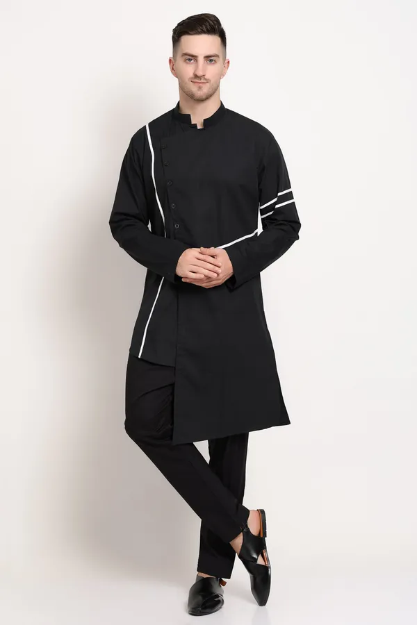 Black_Cotton_Kurta_With_Asymmetrical_Placket_Striped_Detailing_For_Men