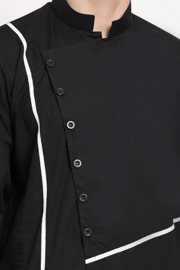 Black_Cotton_Kurta_With_Asymmetrical_Placket_Striped_Detailing_For_Men