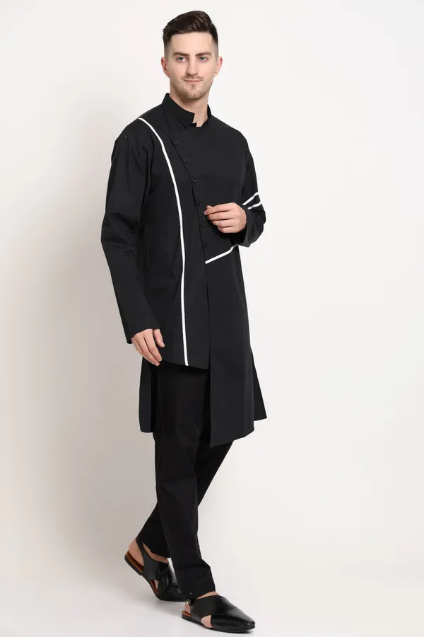 Black_Cotton_Kurta_With_Asymmetrical_Placket_Striped_Detailing_For_Men