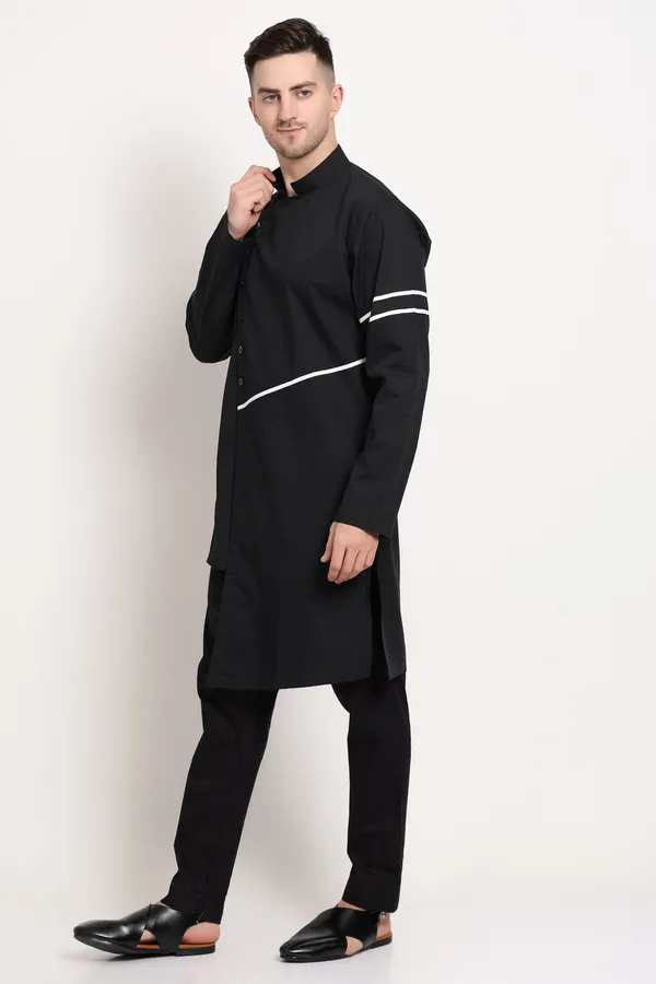 Black_Cotton_Kurta_With_Asymmetrical_Placket_Striped_Detailing_For_Men