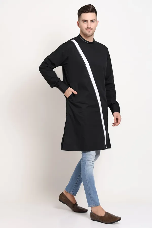 Black_Cotton_Kurta_With_Bold_Diagonal_Stripe_For_Men