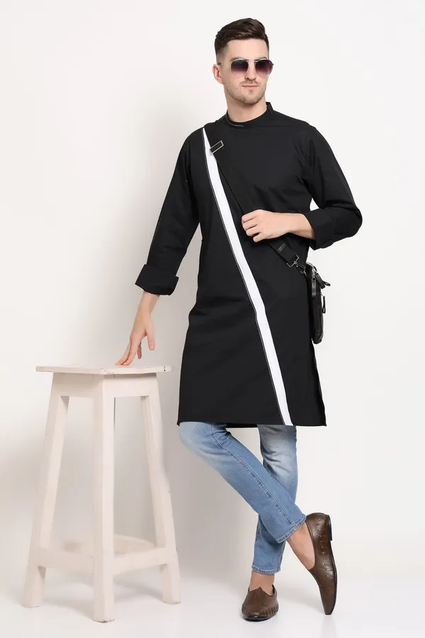 Black_Cotton_Kurta_With_Bold_Diagonal_Stripe_For_Men