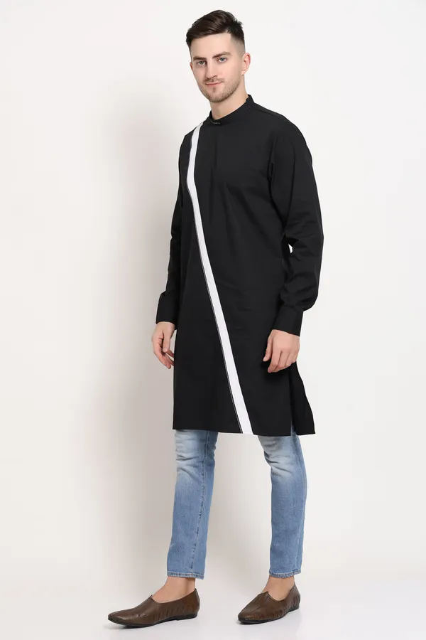 Black_Cotton_Kurta_With_Bold_Diagonal_Stripe_For_Men