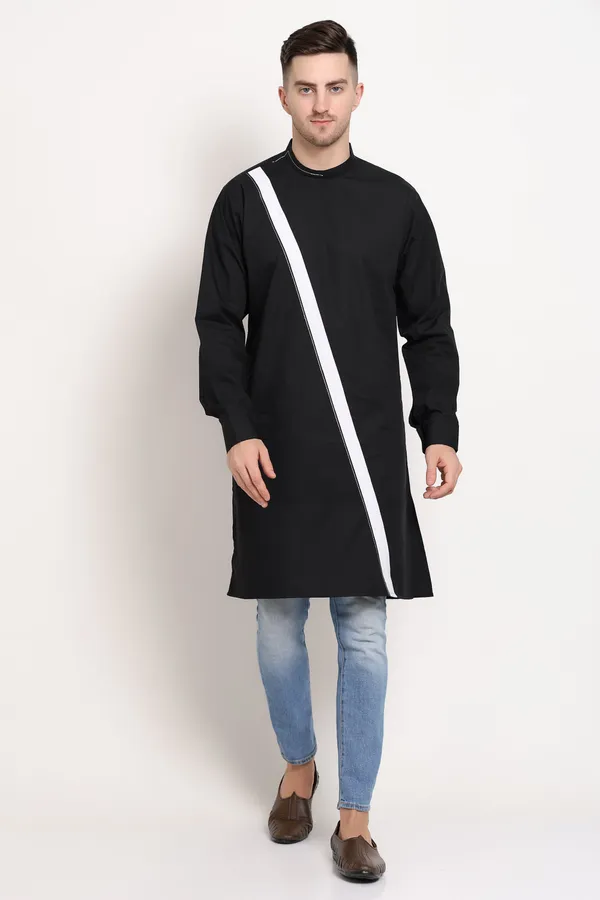 Black_Cotton_Kurta_With_Bold_Diagonal_Stripe_For_Men
