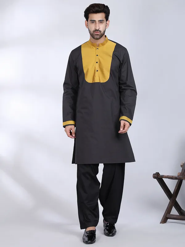 Black_Cotton_Mustard_Contrast_Kurta_For_Men