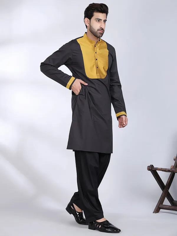 Black_Cotton_Mustard_Contrast_Kurta_For_Men