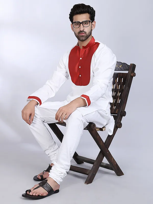 White_Cotton_Red_Accent_Kurta_For_Men