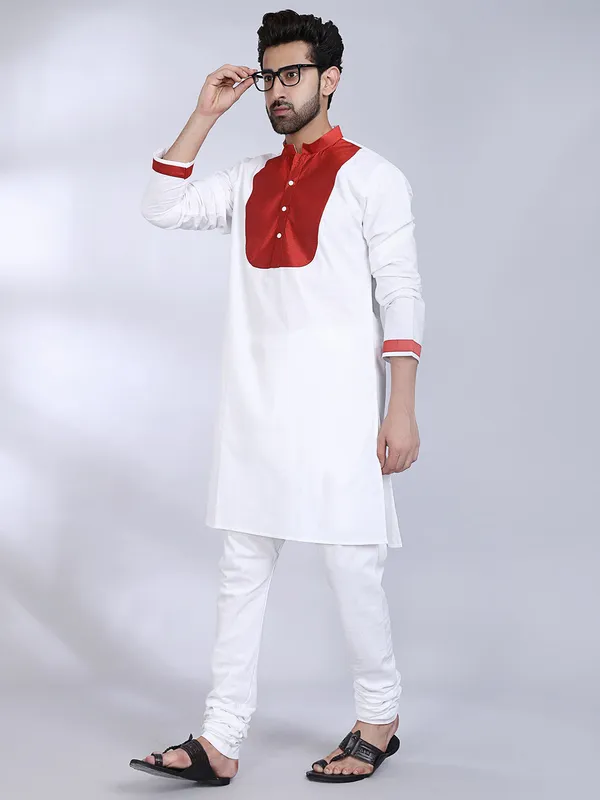 White_Cotton_Red_Accent_Kurta_For_Men