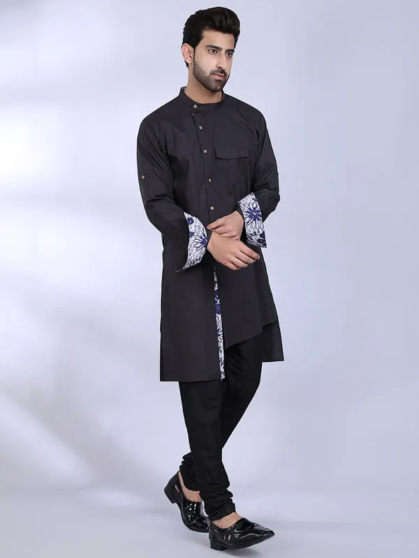 Black_Cotton_Kurta_With_Floral_Cuff_Detail_For_Men