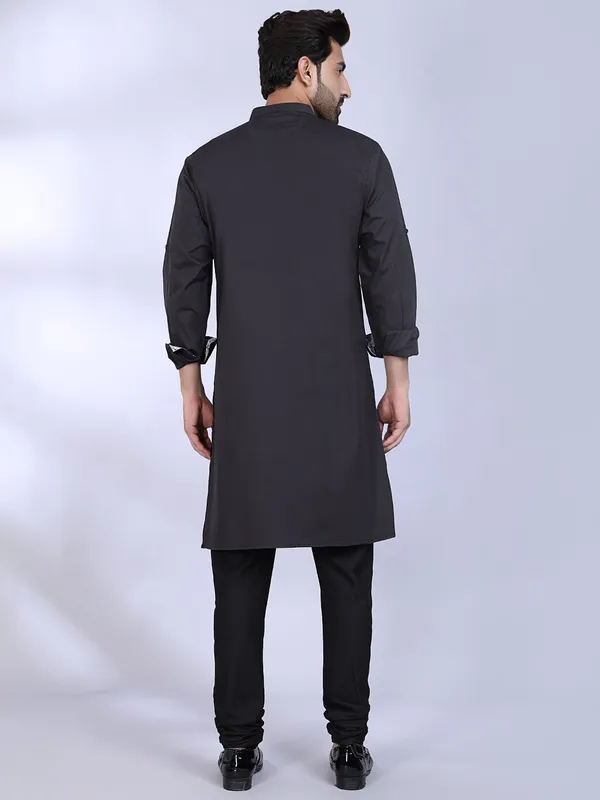Black_Cotton_Kurta_With_Floral_Cuff_Detail_For_Men