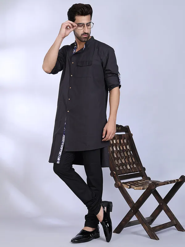 Black_Cotton_Kurta_With_Floral_Cuff_Detail_For_Men