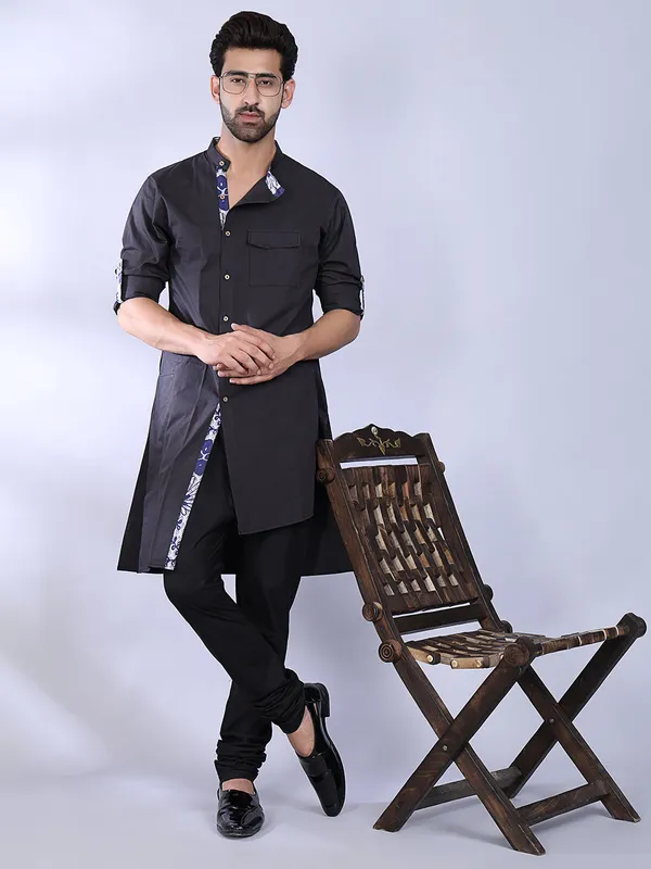 Black_Cotton_Kurta_With_Floral_Cuff_Detail_For_Men