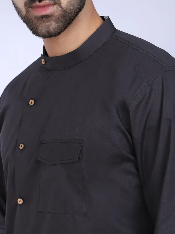 Black_Cotton_Kurta_With_Floral_Cuff_Detail_For_Men