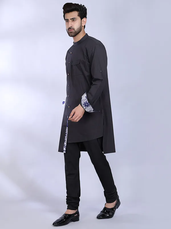 Black_Cotton_Kurta_With_Floral_Cuff_Detail_For_Men