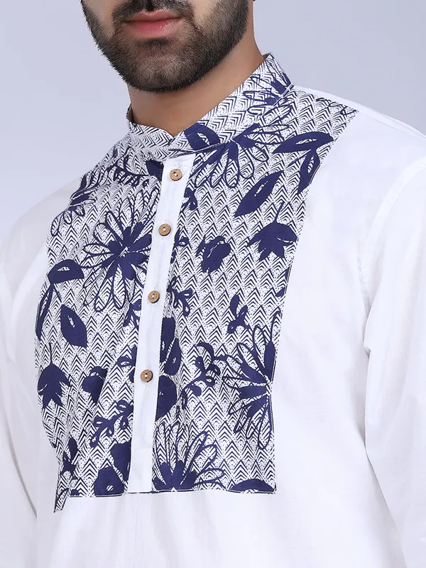 White_Cotton_Kurta_With_Blue_Floral_Print_Detailed_For_Men