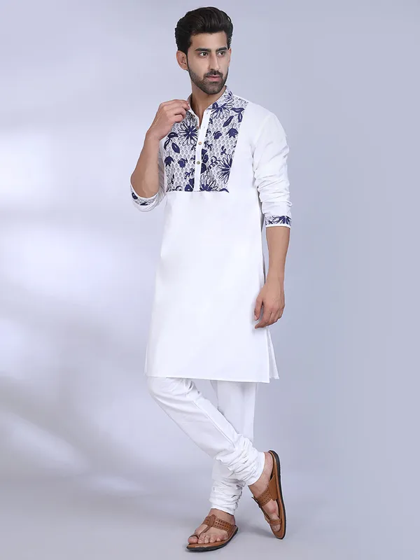 White_Cotton_Kurta_With_Blue_Floral_Print_Detailed_For_Men