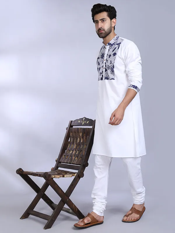 White_Cotton_Kurta_With_Blue_Floral_Print_Detailed_For_Men