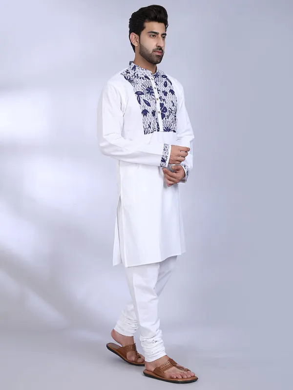 White_Cotton_Kurta_With_Blue_Floral_Print_Detailed_For_Men