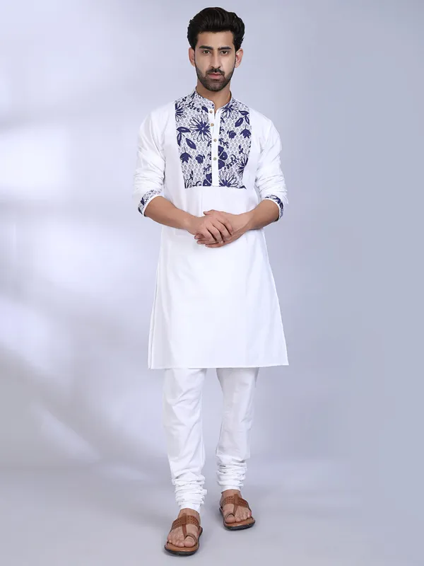 White_Cotton_Kurta_With_Blue_Floral_Print_Detailed_For_Men