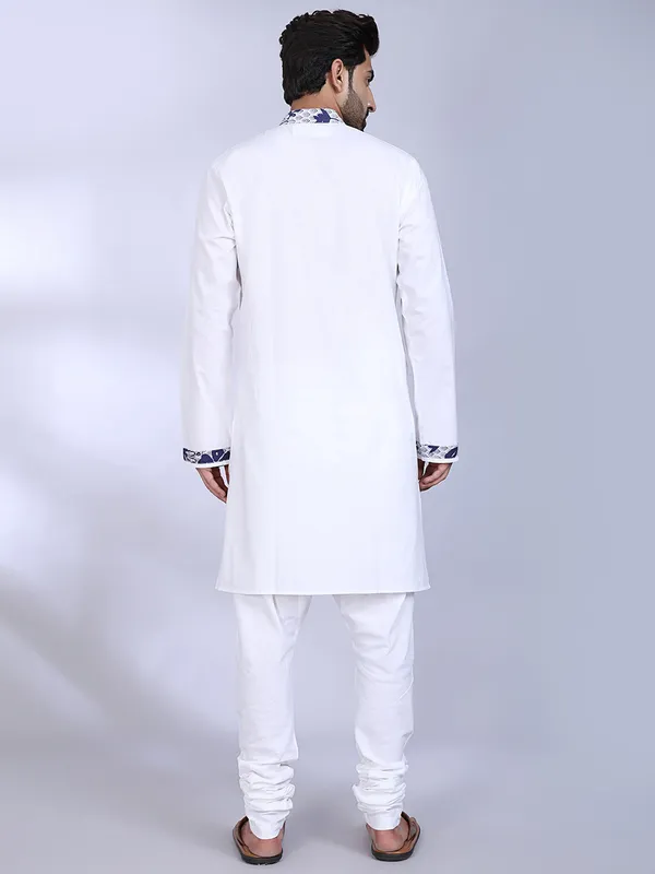 White_Cotton_Kurta_With_Blue_Floral_Print_Detailed_For_Men