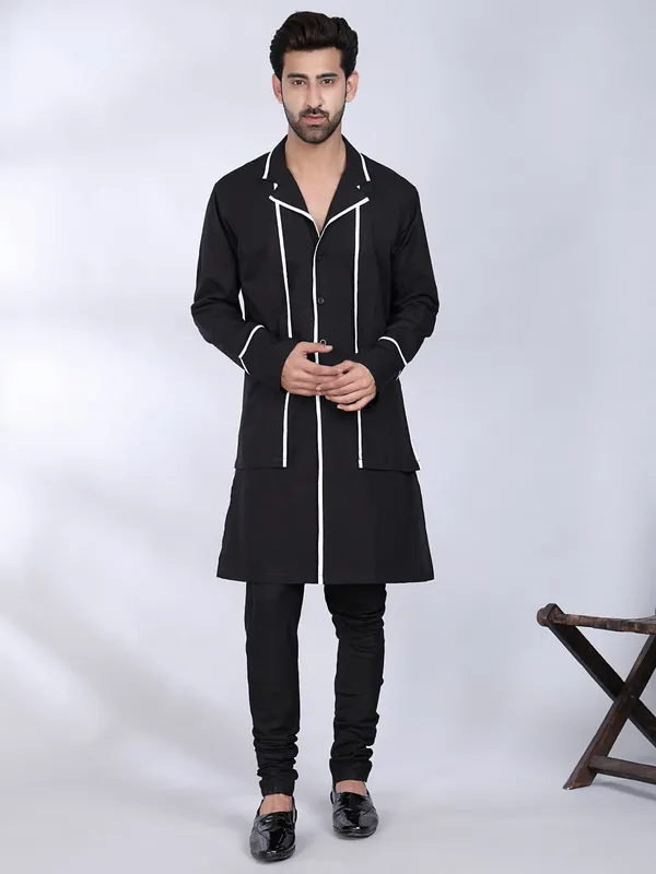 Black_Cotton_Angrakha_Kurta_With_White_Piping_For_Men