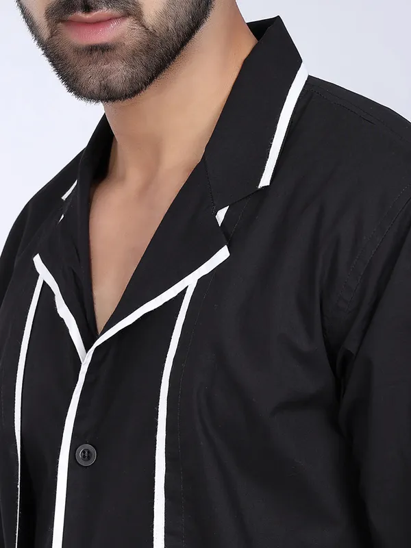 Black_Cotton_Angrakha_Kurta_With_White_Piping_For_Men