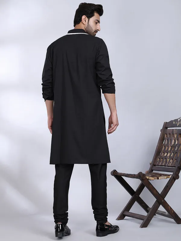 Black_Cotton_Angrakha_Kurta_With_White_Piping_For_Men