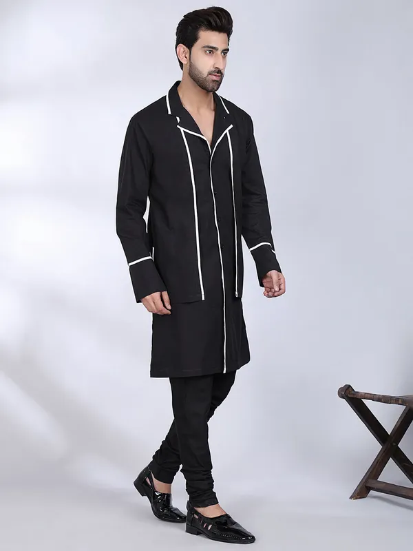 Black_Cotton_Angrakha_Kurta_With_White_Piping_For_Men