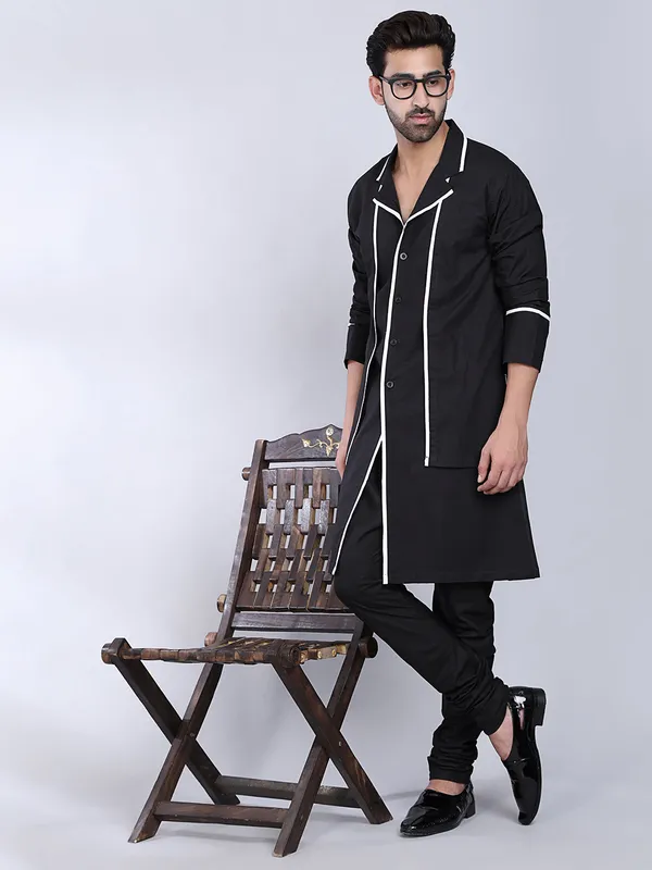 Black_Cotton_Angrakha_Kurta_With_White_Piping_For_Men