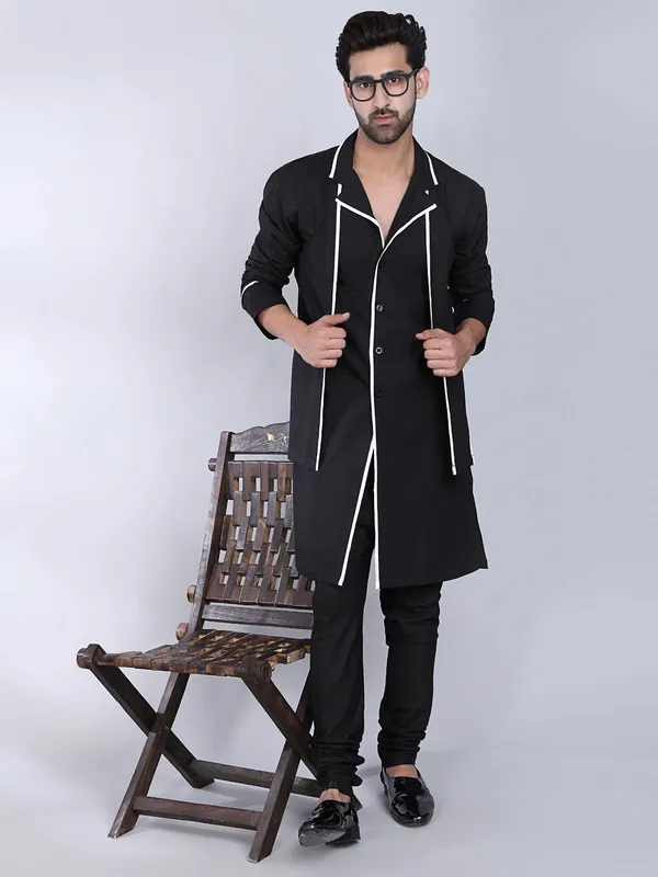Black_Cotton_Angrakha_Kurta_With_White_Piping_For_Men