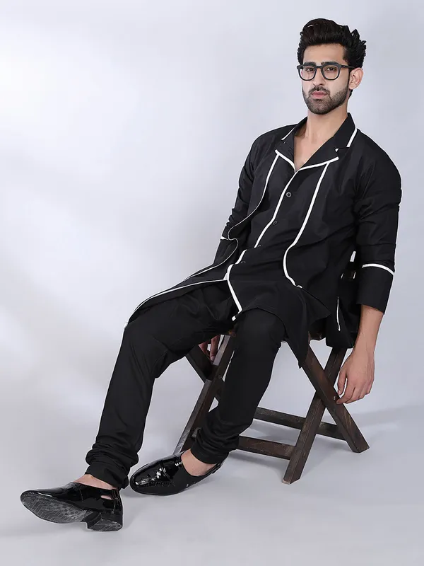Black_Cotton_Angrakha_Kurta_With_White_Piping_For_Men