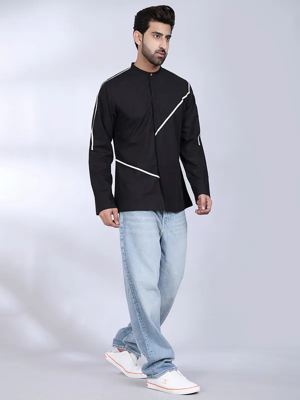 Black_Cotton_Kurta_With_White_Striped_Detailing_For_Men