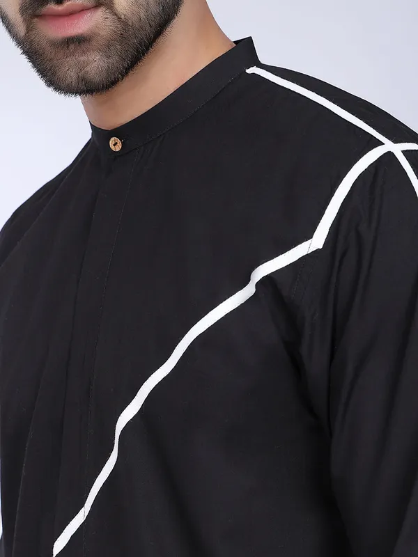 Black_Cotton_Kurta_With_White_Striped_Detailing_For_Men