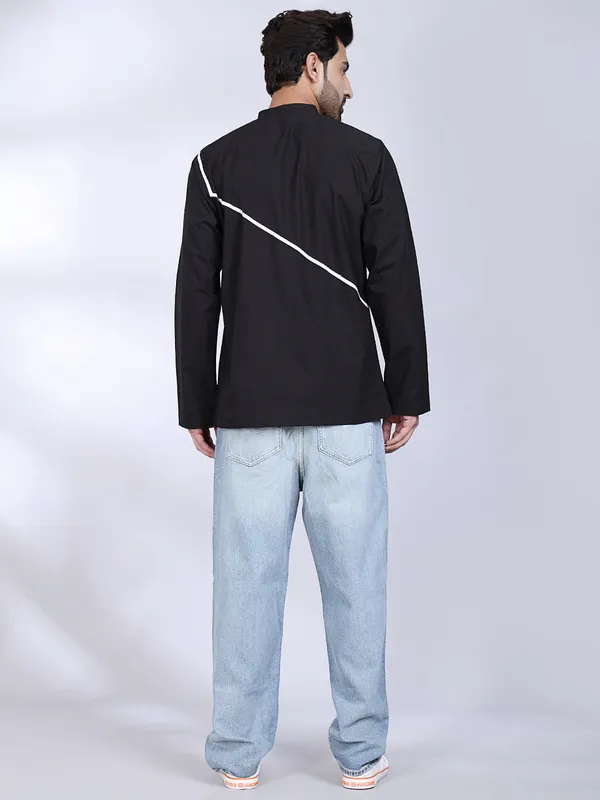 Black_Cotton_Kurta_With_White_Striped_Detailing_For_Men