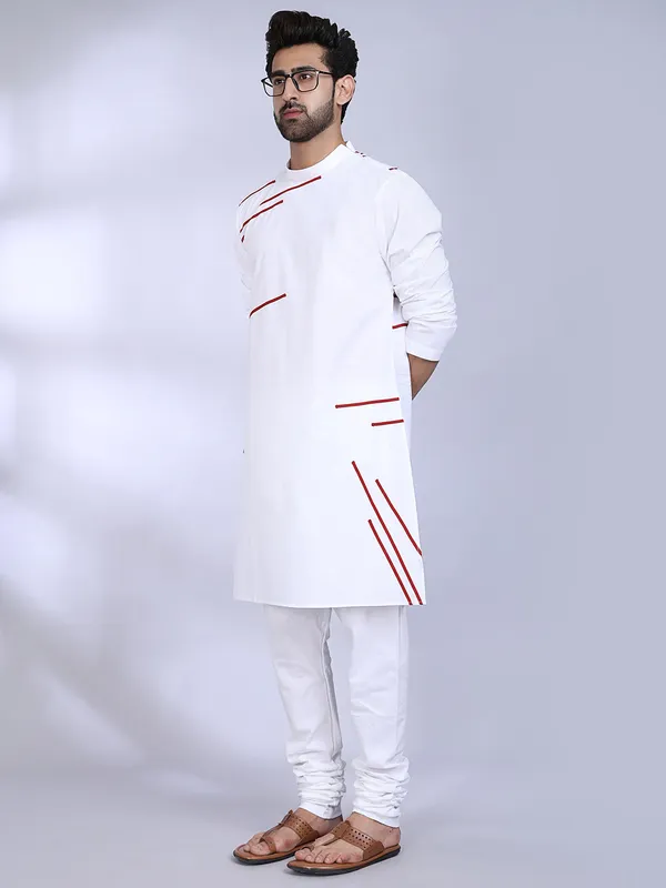 White_Cotton_Kurta_With_Red_Diagonal_Accents_For_Men