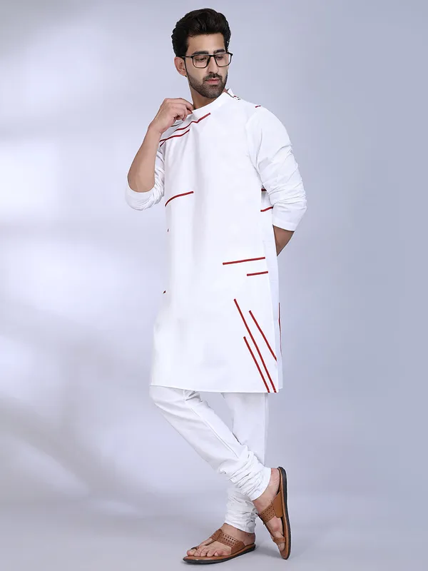 White_Cotton_Kurta_With_Red_Diagonal_Accents_For_Men