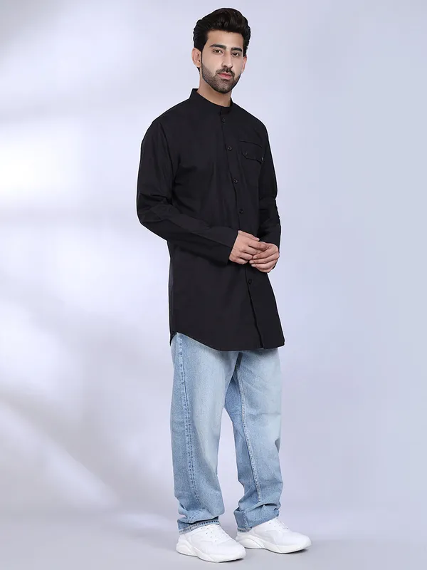 Black_Cotton_Kurta_Shirt_With_Chest_Pocket_For_Men